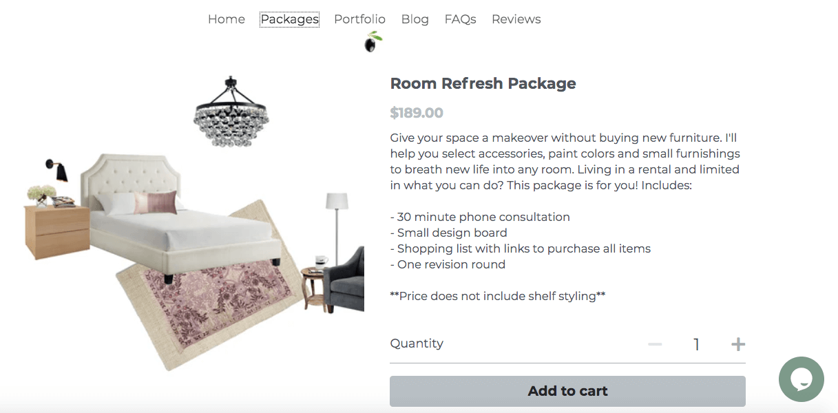 Product page on a website built on Strikingly that's selling home interior designing services Product page on a website built on Strikingly that's selling home interior designing services